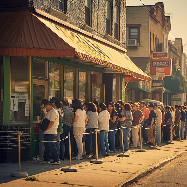 A popular brunch spot with a long waiting line