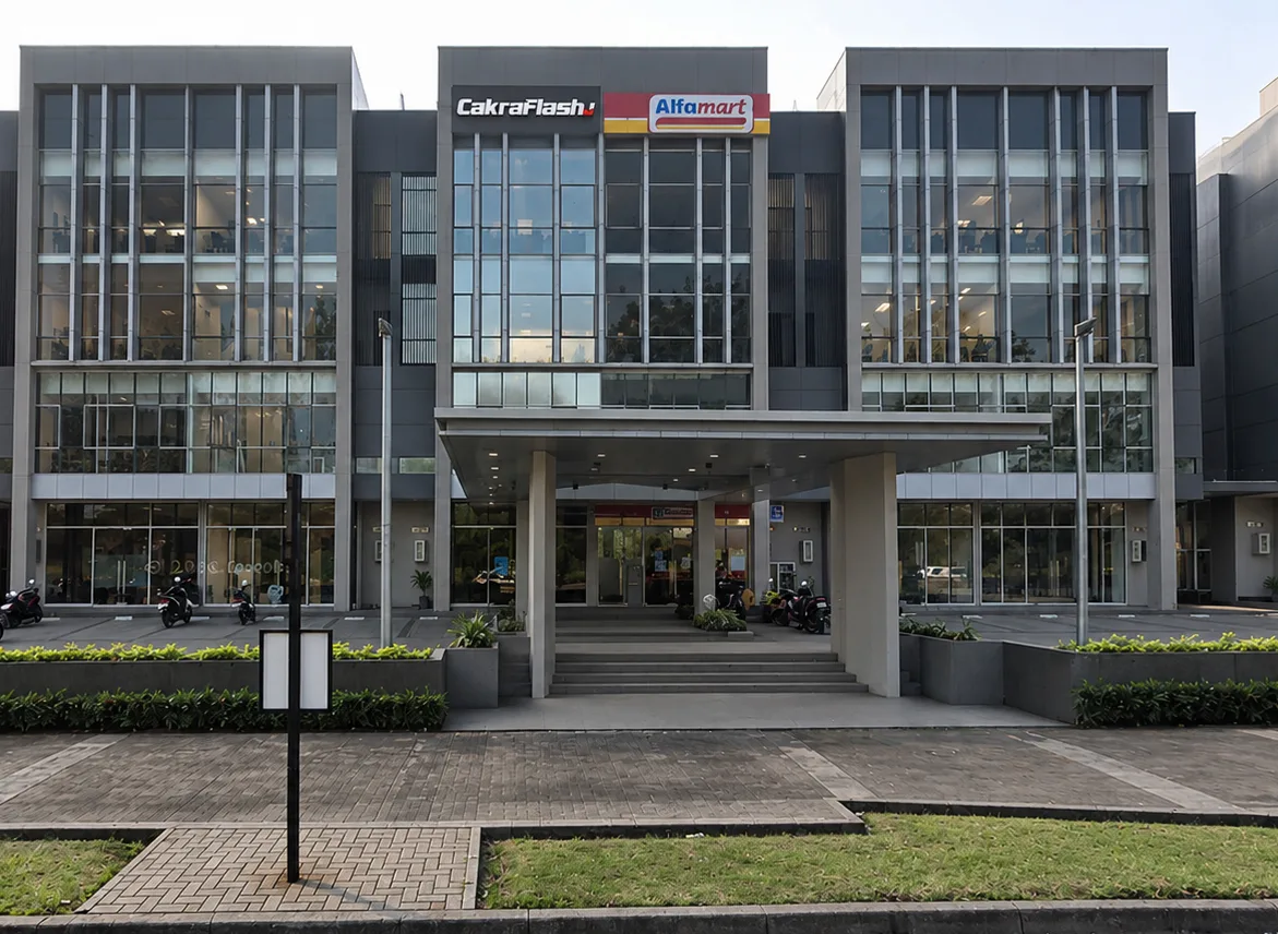 Tampak depan gedung kantor tiga lantai berfasad abu-abu dan kaca dengan papan nama CakraFlash di atas pintu masuk beratap, dilihat dari seberang jalan