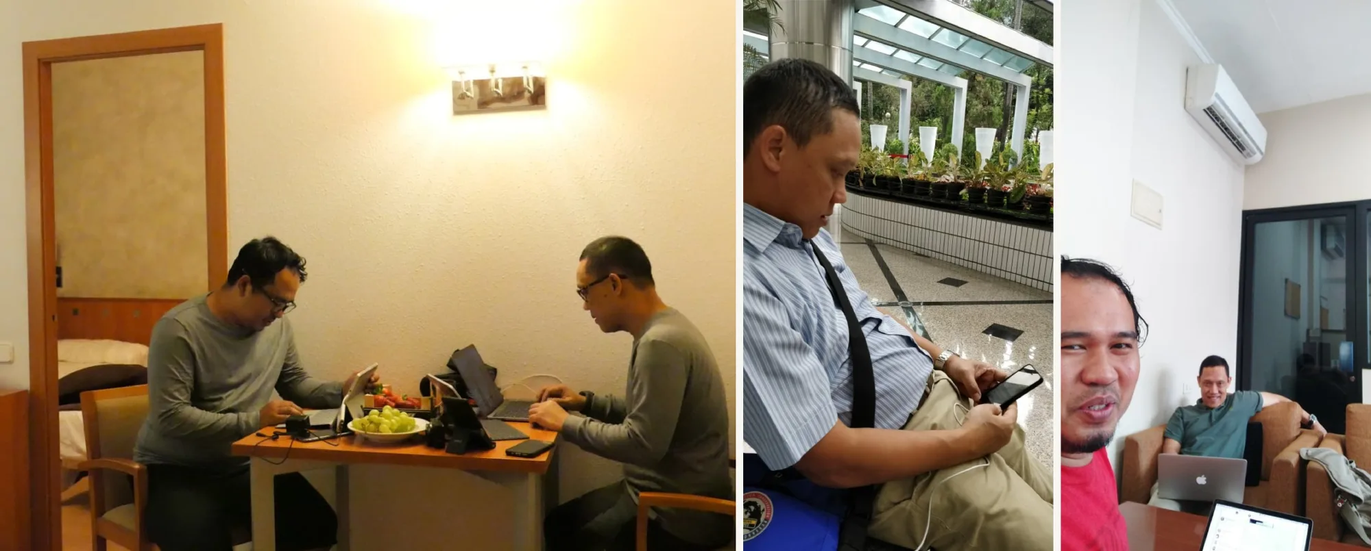 Tiga foto berdampingan: dua pendiri bekerja dengan laptop dan tablet di meja kecil sebuah kamar hotel, seorang pendiri memeriksa ponsel sambil duduk di sebuah aula, dan swafoto keduanya bekerja dengan