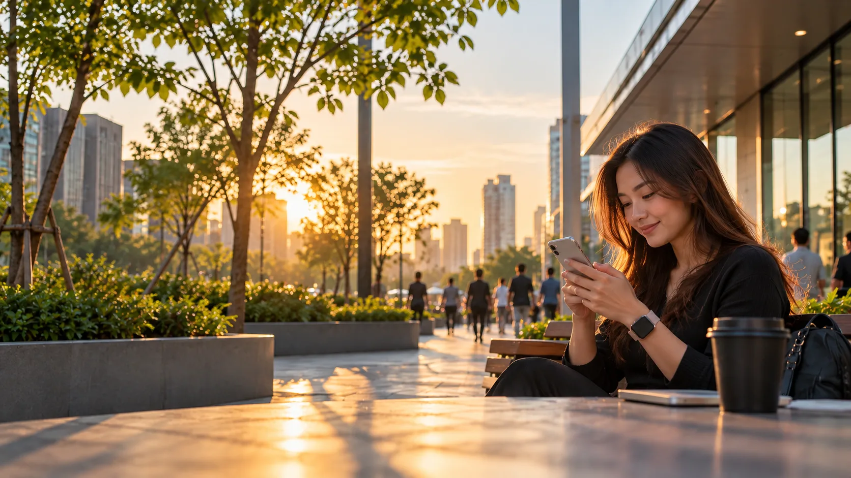 A woman smiling at her phone on a bench in a city plaza at sunset, with a coffee cup on the table and people walking past