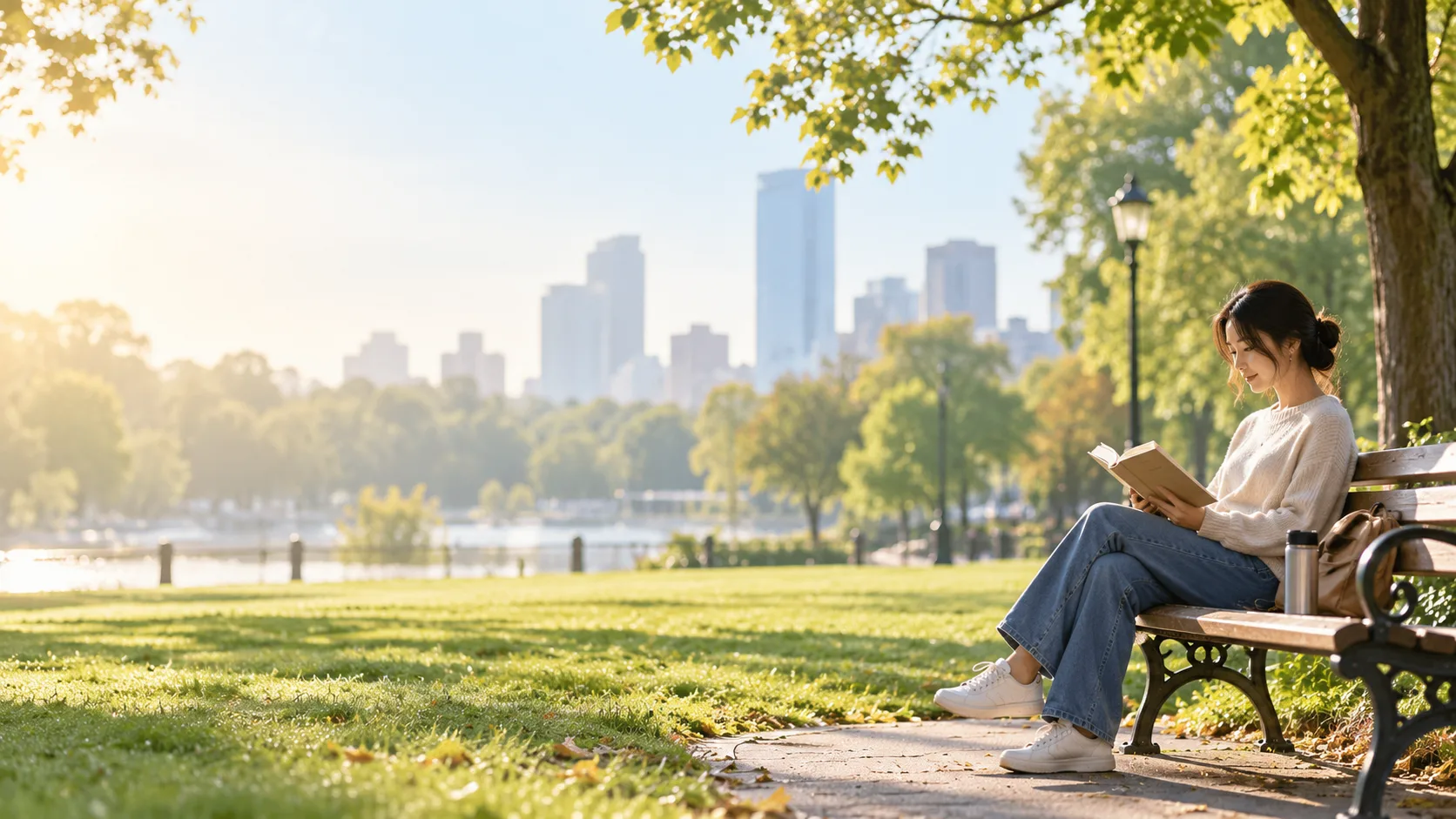 A woman reading a book on a park bench on a bright morning, the city skyline behind the trees.
