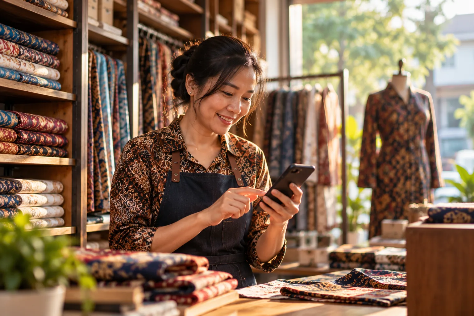 Pemilik toko batik tersenyum sambil membalas pesan pelanggan di ponselnya.