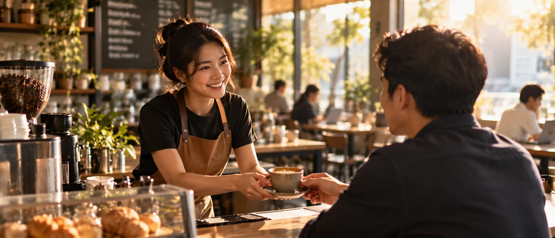 Barista tersenyum menyerahkan secangkir kopi kepada pelanggan tetap.