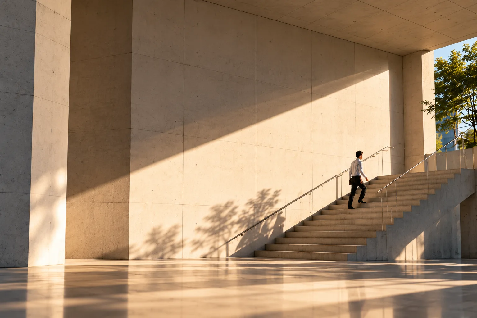 A person walking up a concrete staircase in late-afternoon light.