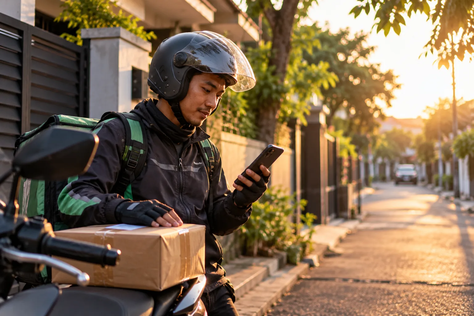 A delivery rider on a stopped motorbike reading a message on his phone at dusk.