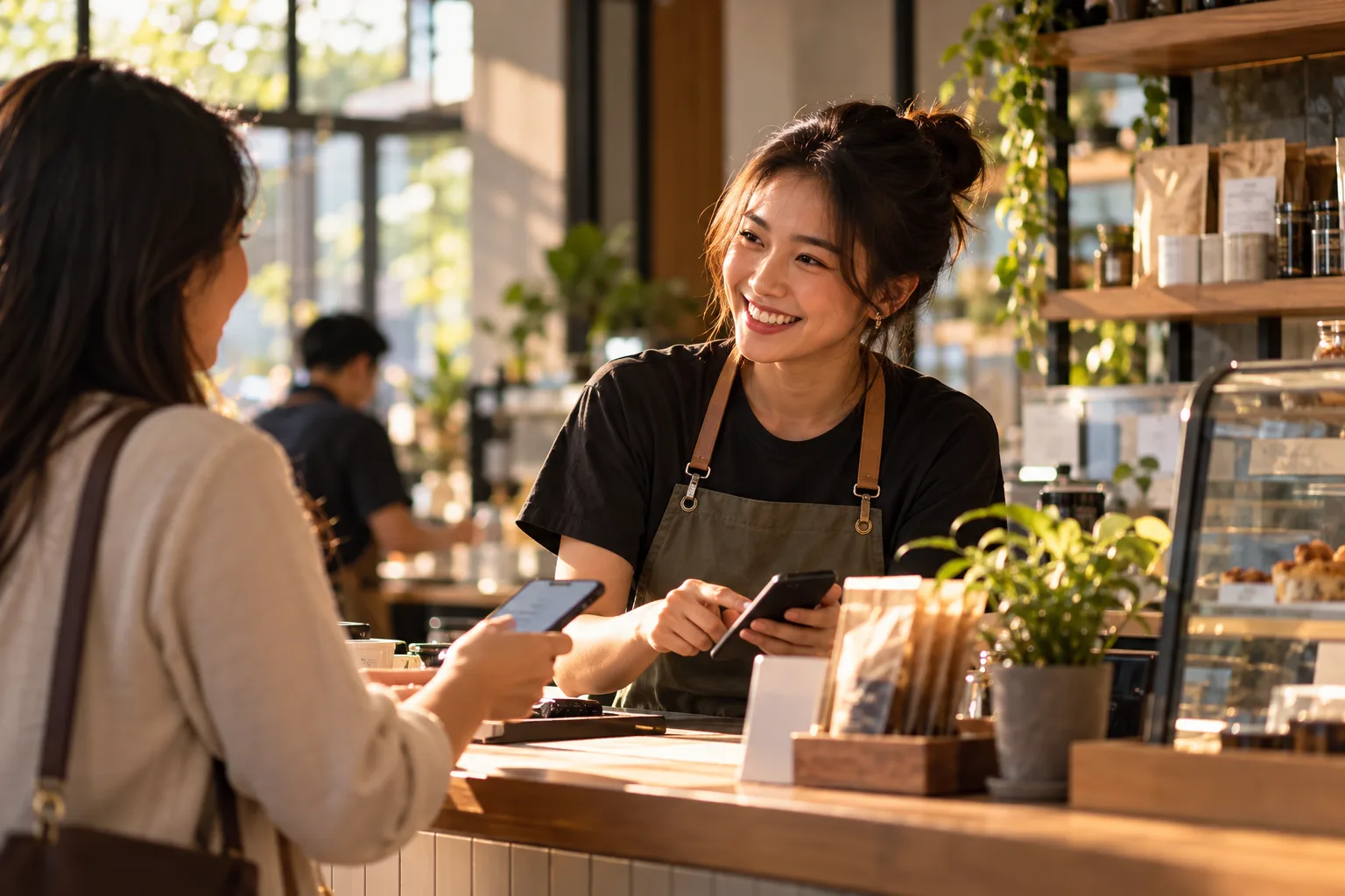 Pemilik kafe tersenyum kepada pelanggan sambil memeriksa pesanan di ponselnya.
