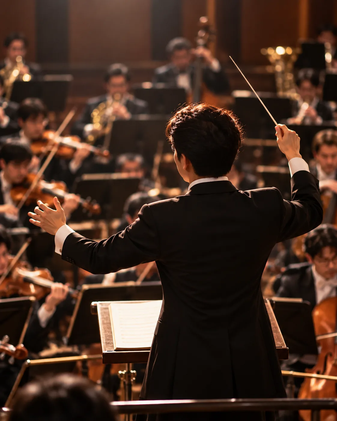 Dirigen dilihat dari belakang sedang memimpin orkestra.